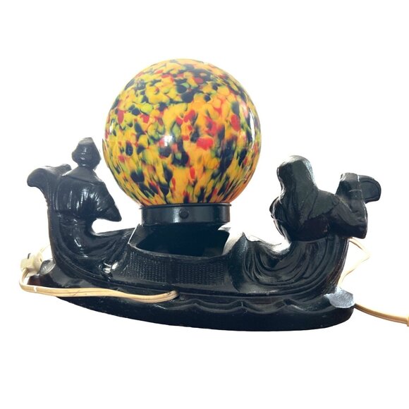 Antique Art NOVEAU Deco Lamp End of Day Glass Shade & Black Iron Base TESTED - Picture 3 of 10